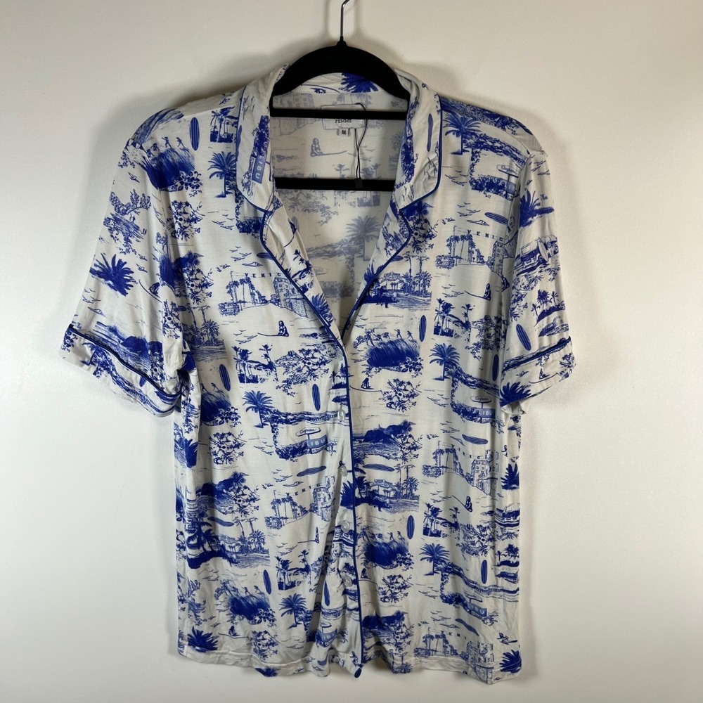 SKIVYS Femme‎ Women's Pajama Shirt Medium Blue White Tropical Print Button Up